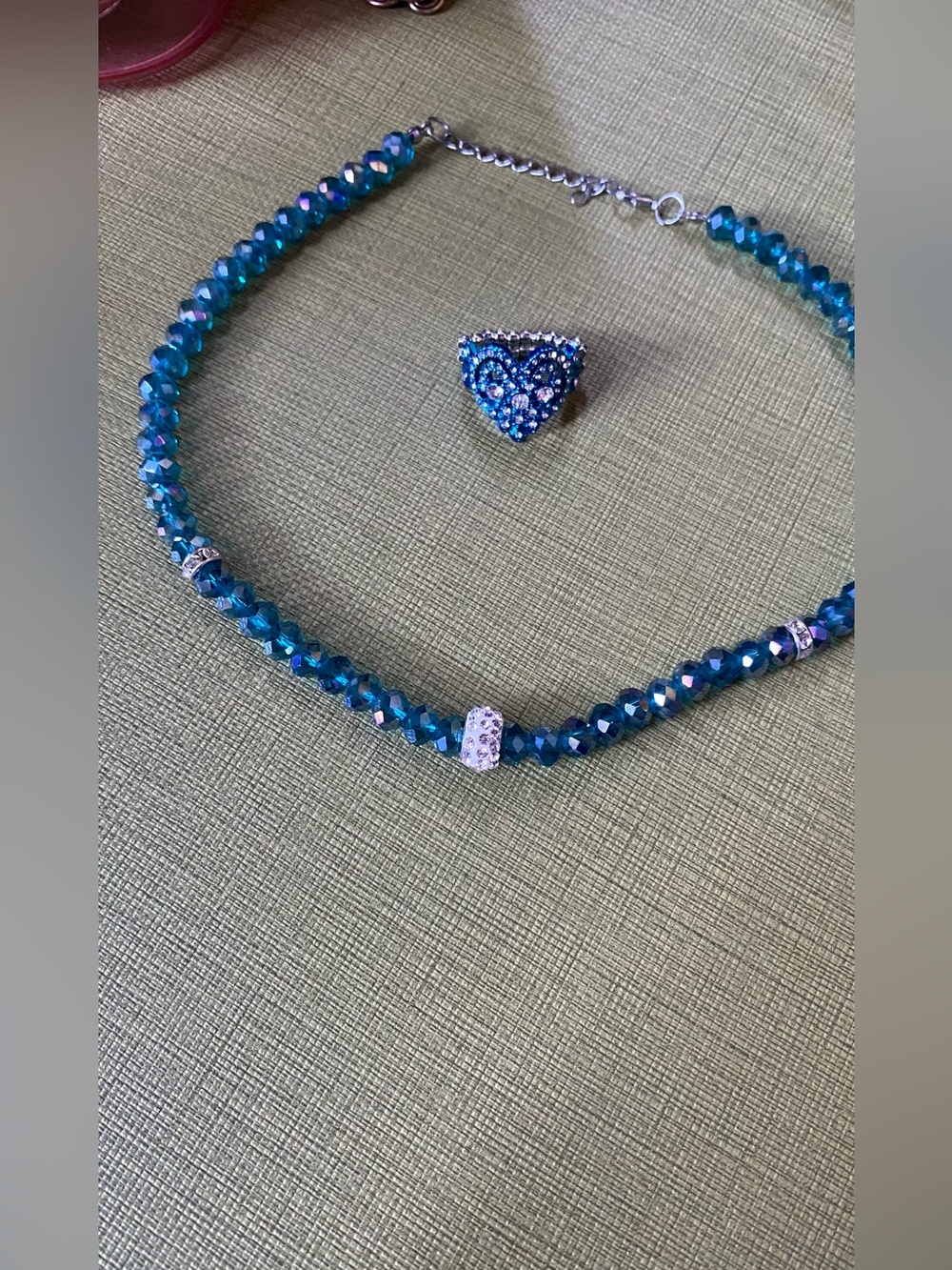 Blue Crystal Bead Necklace with Matching Blue Heart Ring